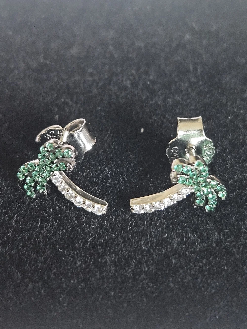 925 Sterling Silver Palm Tree CZ Pushback Stud Earrings